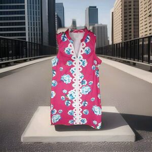 Mudpie Dress Size M Pink Floral White Lace Embroidered V Neck Side Zip